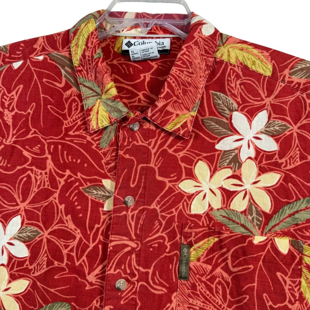 Columbia Shirt Mens XL Red Floral Tropical Palm Linen Cotton Blend Button Down